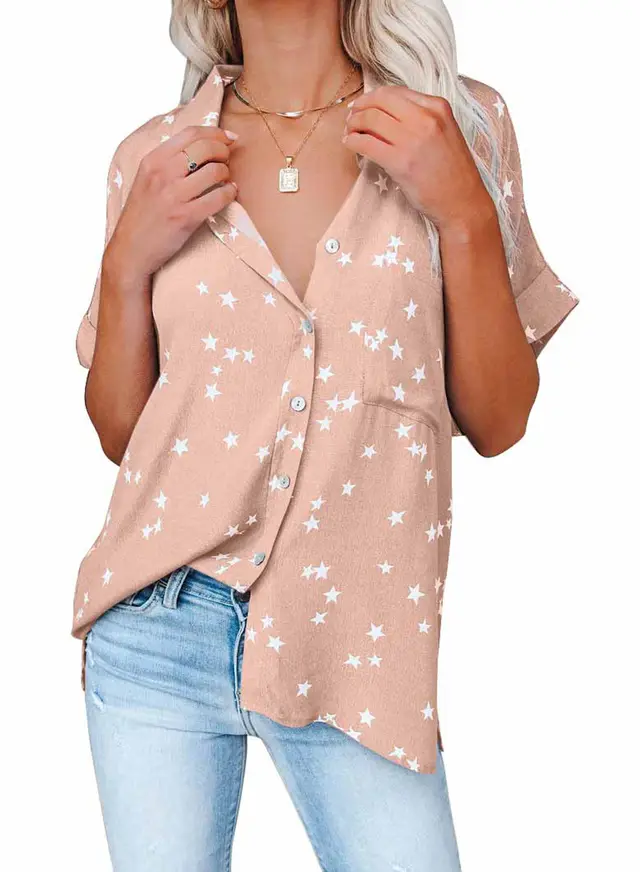 Star Print V neck Buttoned Bat Short sleeve Shirt Pink - Shop at LoveMi