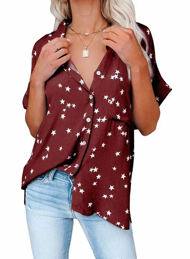 Star Print V neck Buttoned Bat Short sleeve Shirt Wine Red - Shop at LoveMi