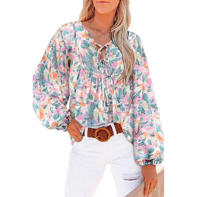 Women's New V neck Casual Floral Lace up Shirt Top Pink - Shop at LoveMi