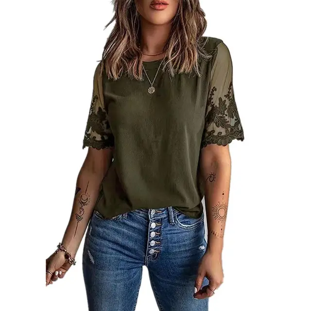 Women's Round Neck Short Sleeve Top Lace Chiffon Shirt Army Green - Shop at LoveMi
