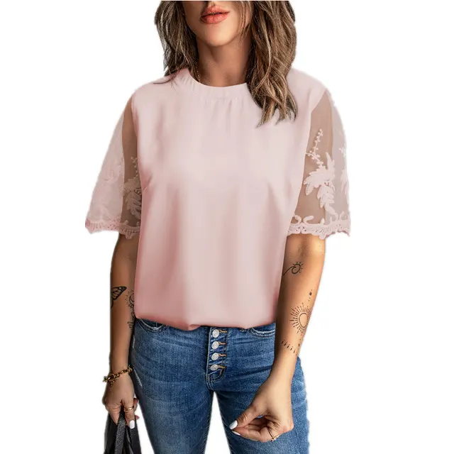 Women's Round Neck Short Sleeve Top Lace Chiffon Shirt Pink - Shop at LoveMi
