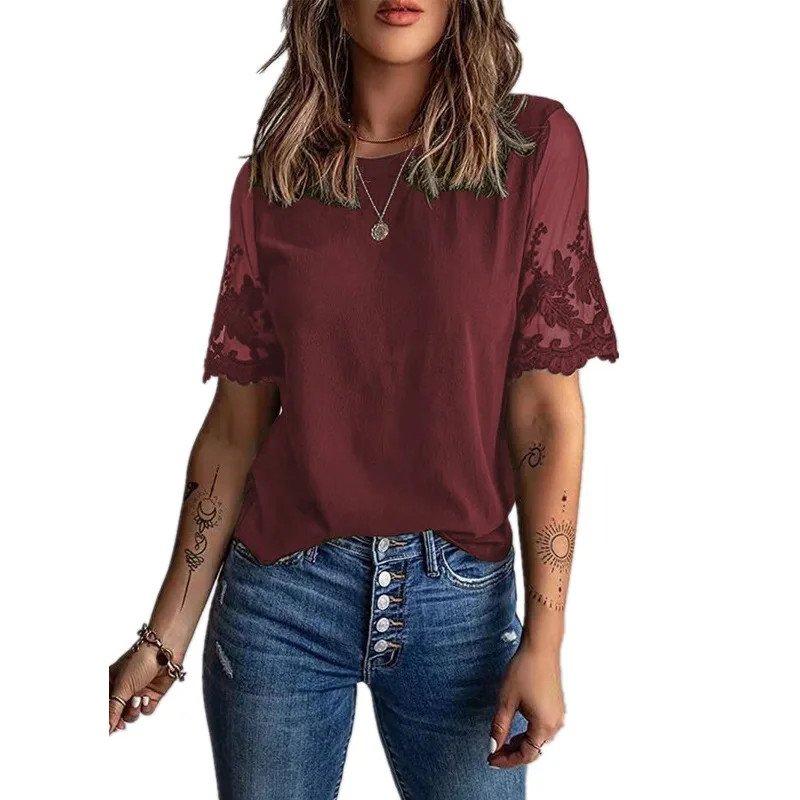 Women's Round Neck Short Sleeve Top Lace Chiffon Shirt - Wine Red