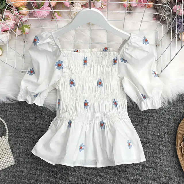 One shoulder Short sleeved Loose Short Shirt Baby Shirt Top Women Blue Flower - Shop at LoveMi