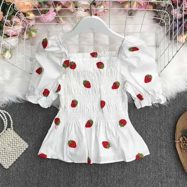 One shoulder Short sleeved Loose Short Shirt Baby Shirt Top Women Strawberry - Shop at LoveMi