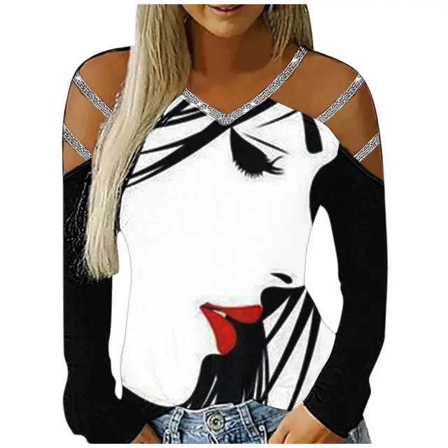 Ladies Casual V Neck Printed Cutout Off Shoulder Long Sleeve T Shirt Black2 - Shop at LoveMi