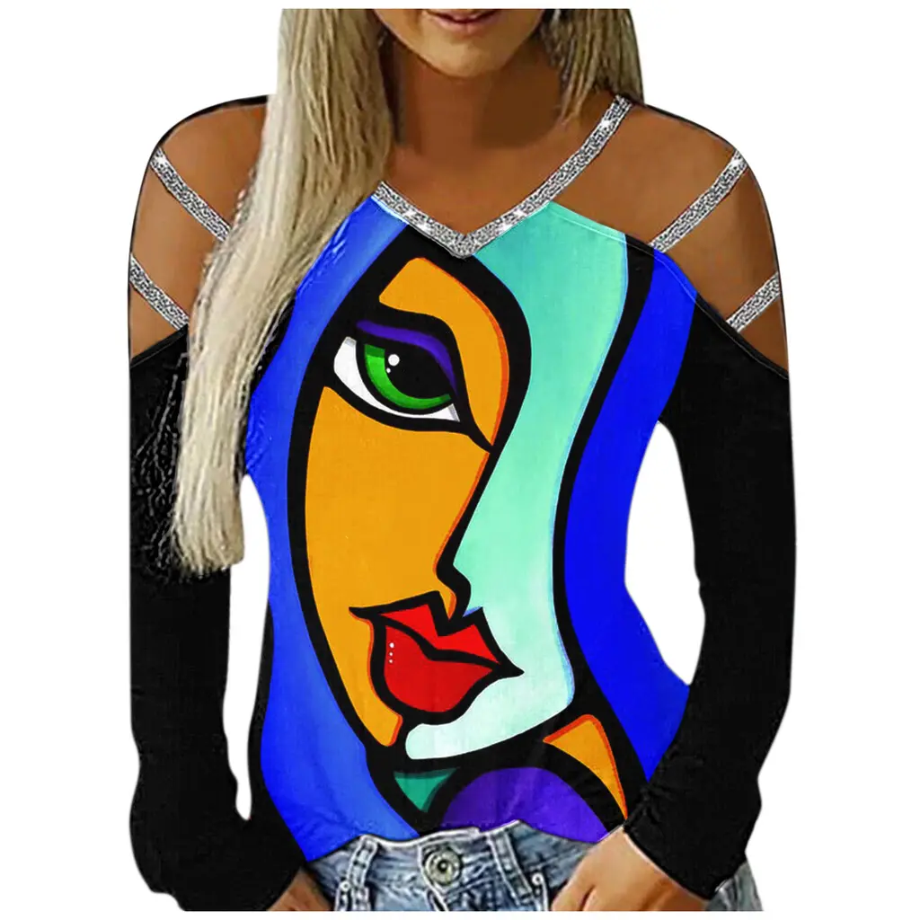 Ladies Casual V-Neck Printed Cutout Off Shoulder Long Sleeve T-Shirt - Yellow