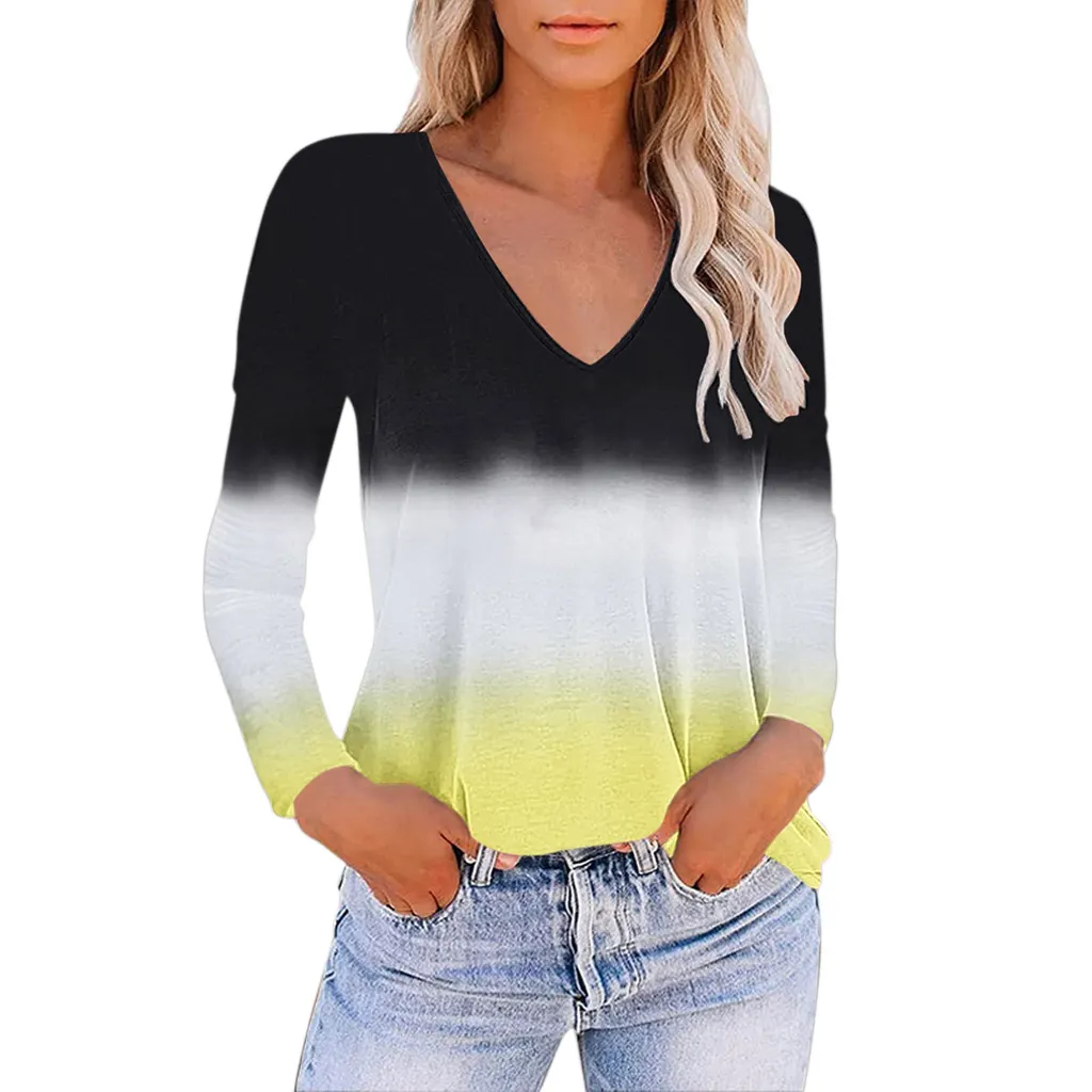 European And American Women's V-neck Gradient Print Loose T-shirt - Black