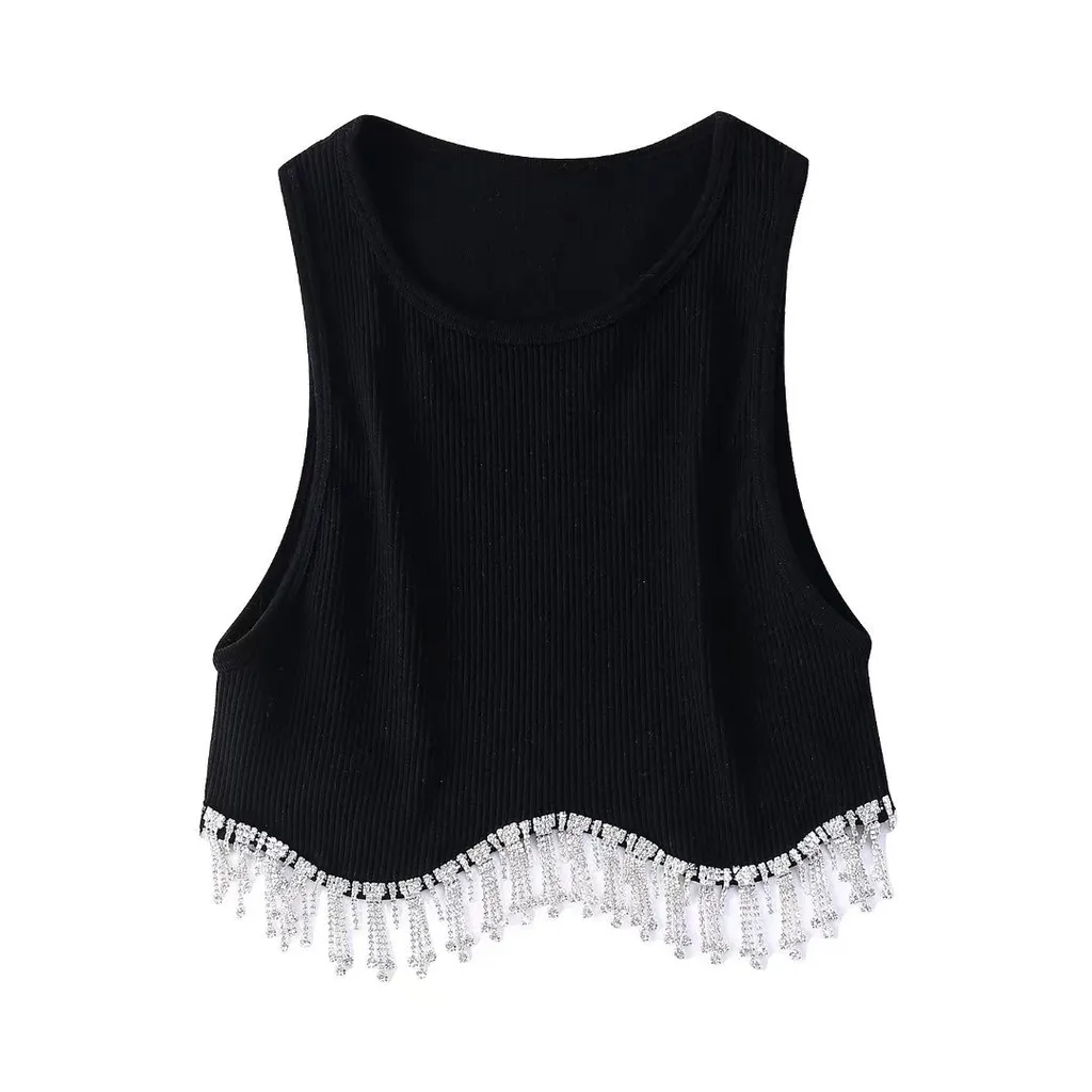 Tassel Round Neck Vest Women's Round Neck Slim Fit Slimming And Short Sleeveless Top - Black