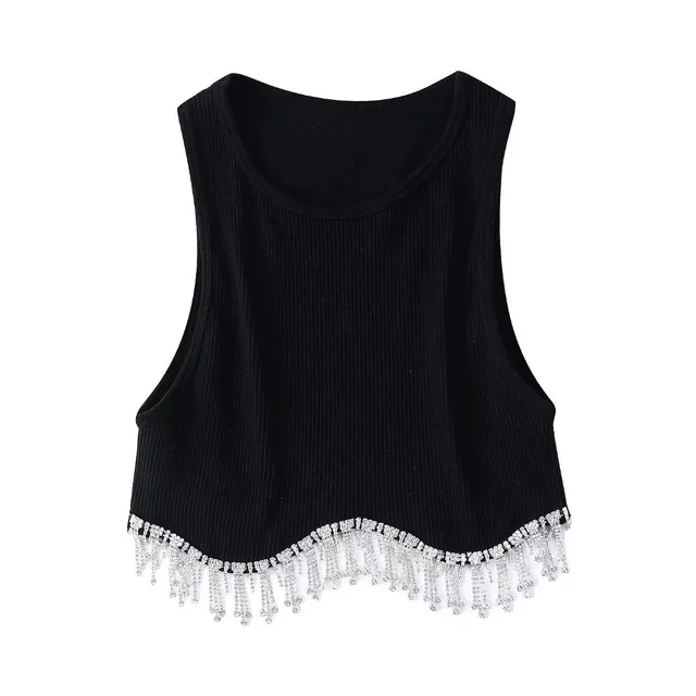 Tassel Round Neck Vest Women's Round Neck Slim Fit Slimming And Short Sleeveless Top Black - Shop at LoveMi