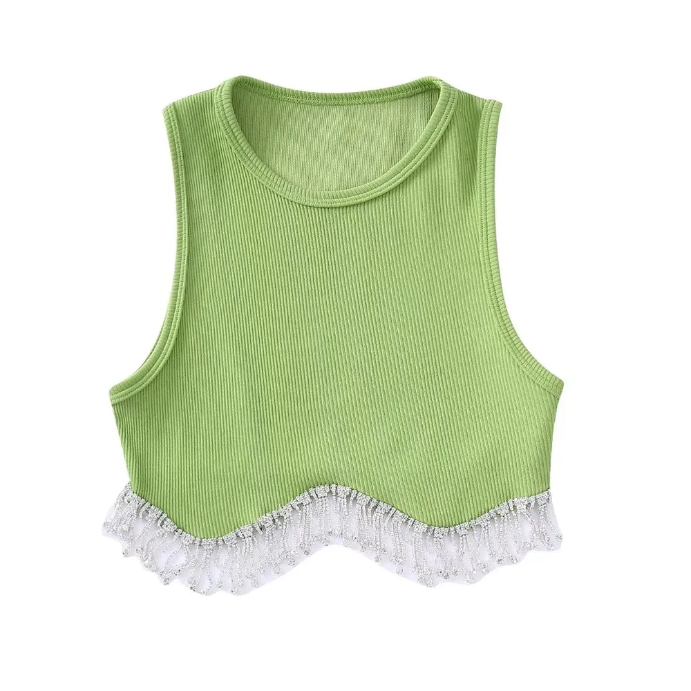 Tassel Round Neck Vest Women's Round Neck Slim Fit Slimming And Short Sleeveless Top Green - Shop at LoveMi