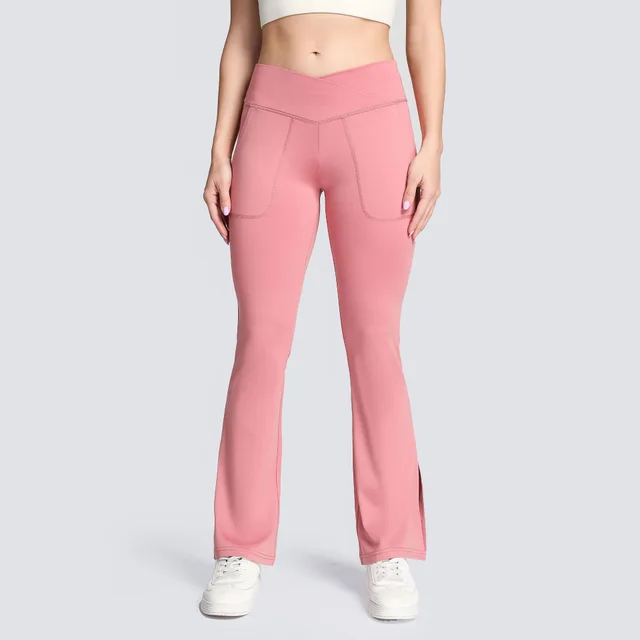 High stretch Cross waist Flared Trousers For Moisture Wicking Pink - Shop at LoveMi