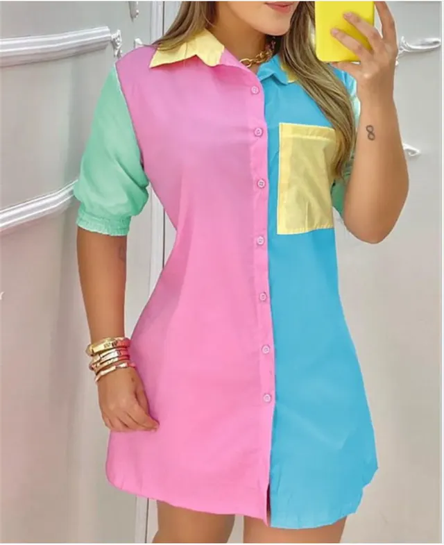 Tie Dye Contrast Blouse With Pocket Buttons Blue Colorblock - Shop at LoveMi