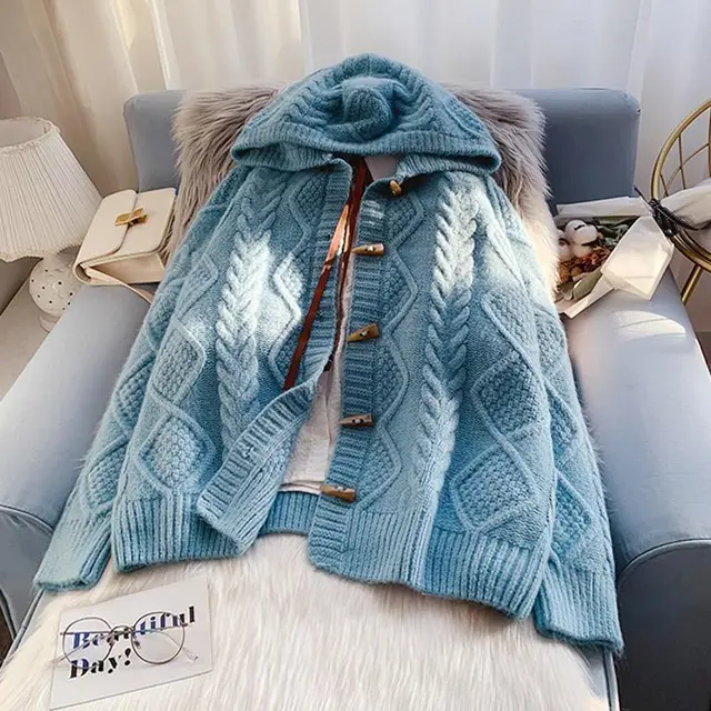 Horn Button Hooded Twist Sweater Jacket - Blue