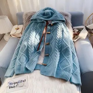 Horn Button Hooded Twist Sweater Jacket - Blue