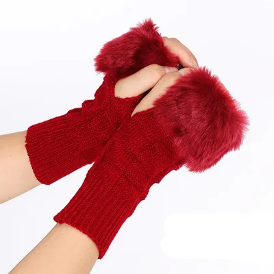 Knitted Gloves Fur Mid Length Half Finger Computer Gloves Red - Shop at LoveMi