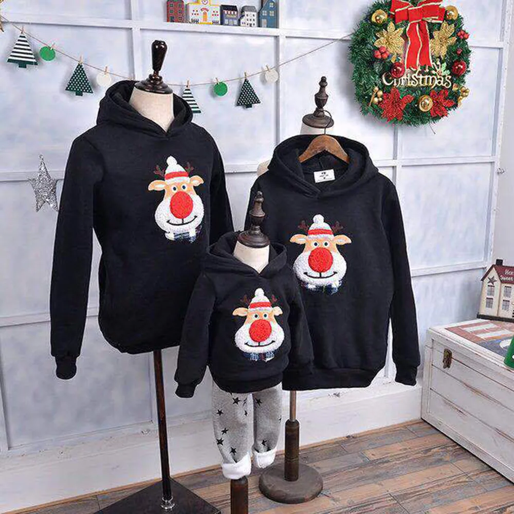 Patch Flocked Fawn Red Cotton Fleece Sweatshirt - Black