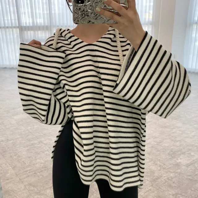 Women's Side Slit Long Sleeve Pullover Sweatshirt Stripe - Shop at LoveMi