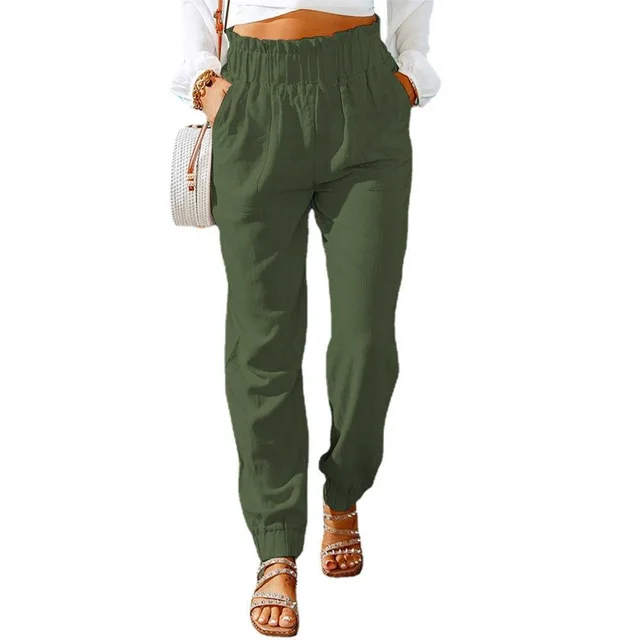 Women's Ruffled Elastic Belt High Waist Pants Green - Shop at LoveMi