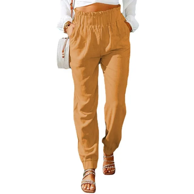 Women's Ruffled Elastic Belt High Waist Pants Orange - Shop at LoveMi