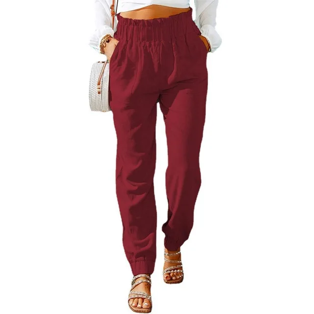 Women's Ruffled Elastic Belt High Waist Pants Red - Shop at LoveMi