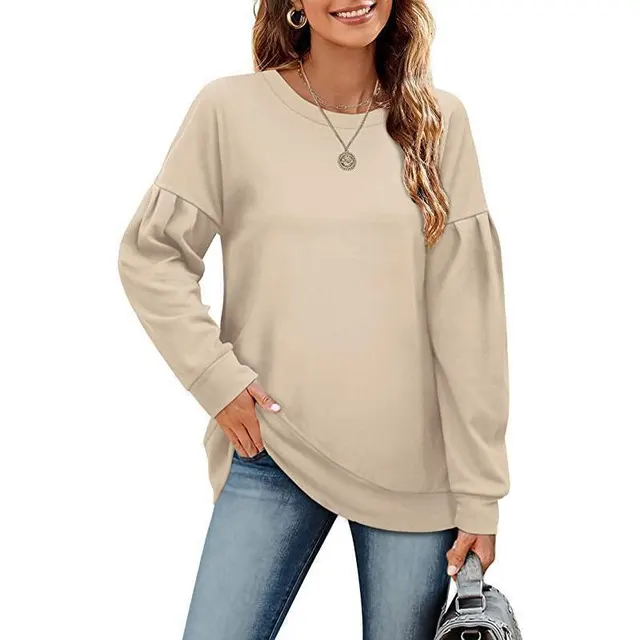 Women's Solid Color Sweatshirt With Round Neck Stitching Apricot - Shop at LoveMi