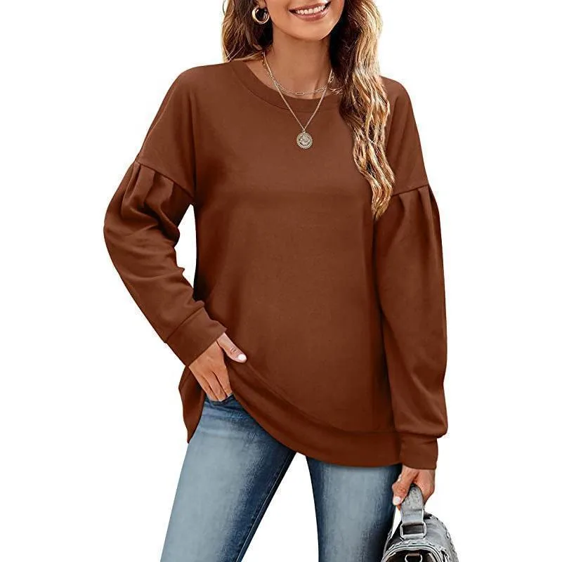 Women's Solid Color Sweatshirt With Round Neck Stitching - Coffee