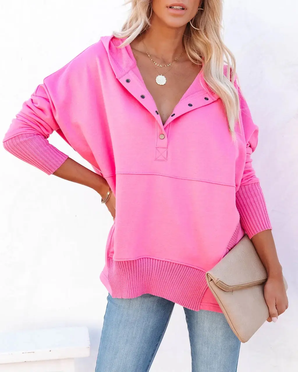 V-Neck Hooded Multicolor Doll Sleeve Sweatshirt - Pink