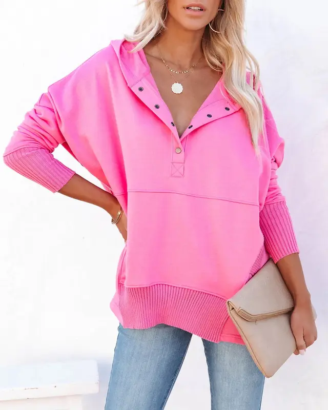 V Neck Hooded Multicolor Doll Sleeve Sweatshirt Pink - Shop at LoveMi