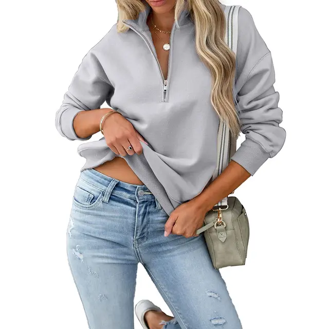 Fashion Long Sleeve Casual Half Collar Zip Sweatshirt Light Grey - Shop at LoveMi