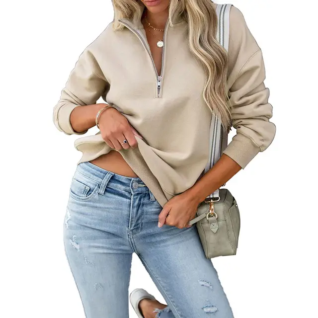 Fashion Long Sleeve Casual Half Collar Zip Sweatshirt Sand Color - Shop at LoveMi