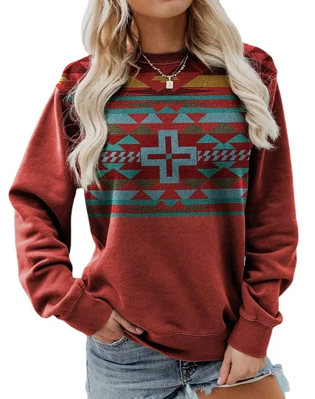 Women Pullover Sweatshirt Long Sleeve Print Crew Neck Sweatshirt Red - Shop at LoveMi