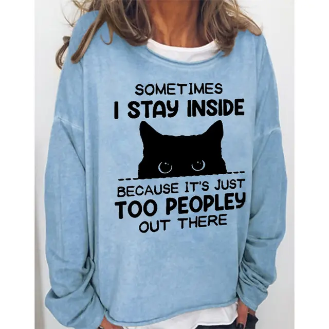 Black Cat English Round Neck Long sleeved Pullover Top Light Blue - Shop at LoveMi