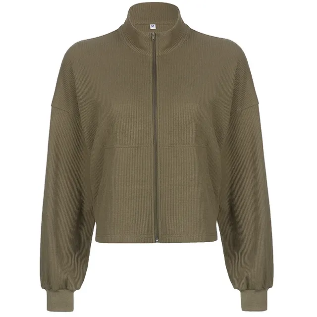 Women's Army Green Cropped Waffle Sweatshirt Army Green - Shop at LoveMi