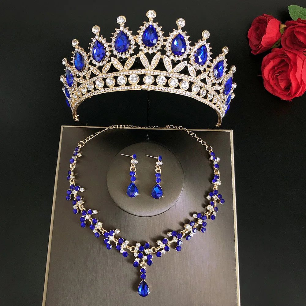 Royal Queen Bridal Jewelry Sets For Women Luxury Tiaras Crow Blue A Suit - Shop at LoveMi