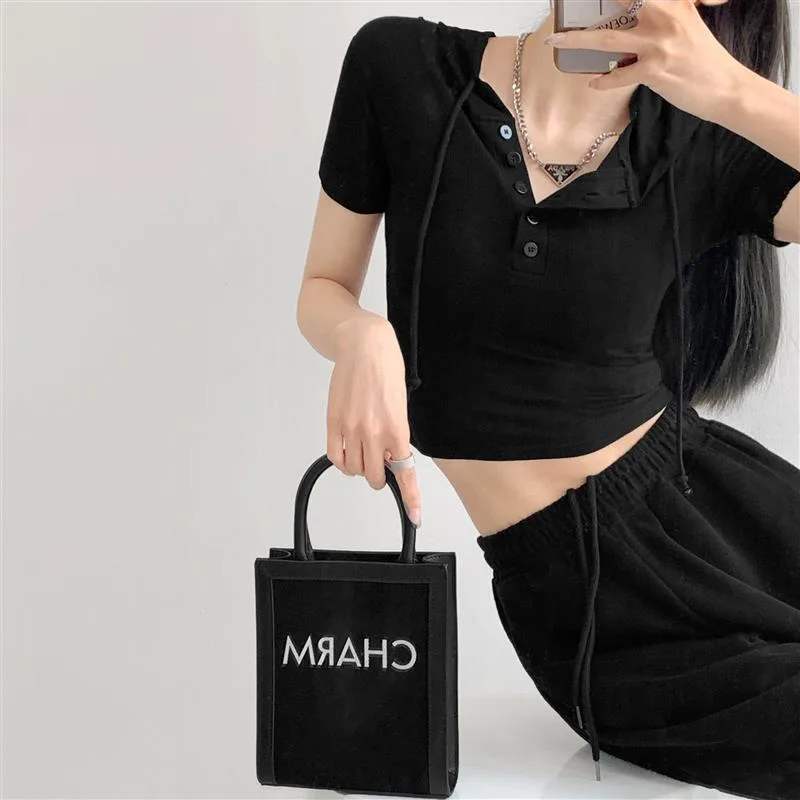 Women's Summer Sports Style Button Hooded Short Sleeve T shirt Black - Shop at LoveMi
