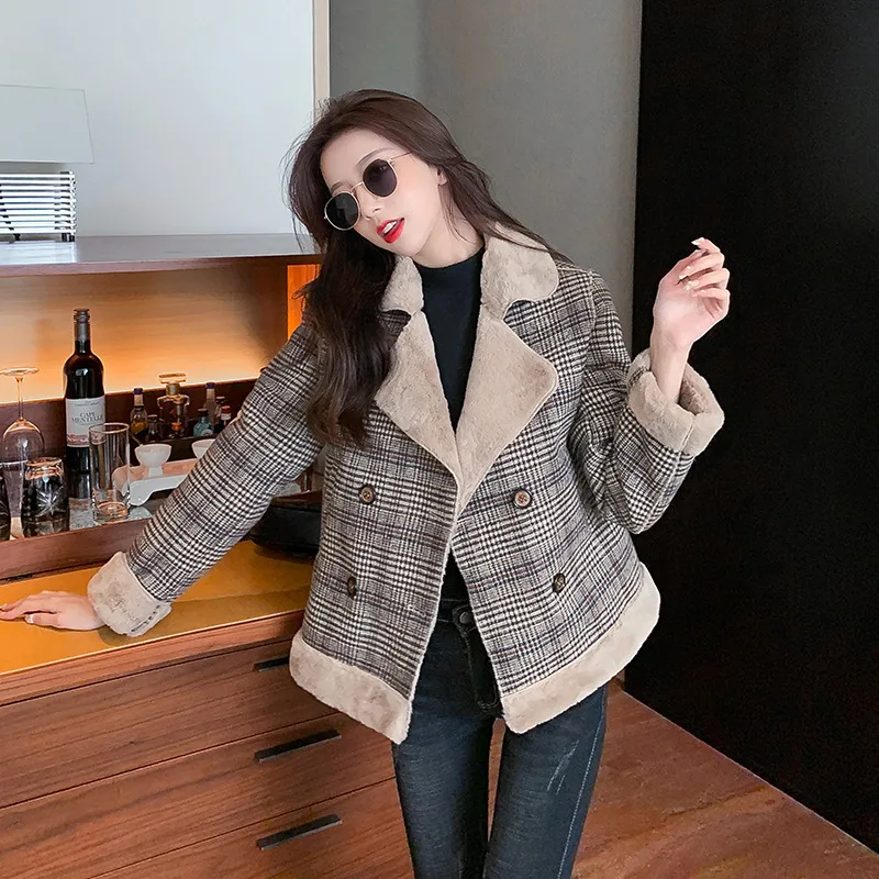 Autumn And Winter Tide All-match Thick Plaid Woolen Fur - Photo Color