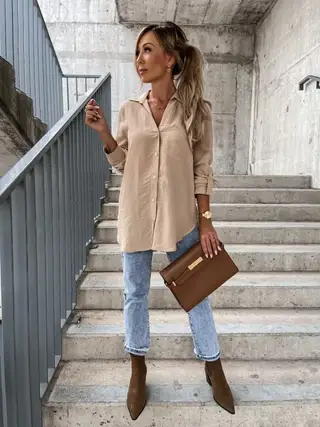Women's Simple Solid Color Roll Sleeve V-Neck Button Lapel Shirt - Khaki
