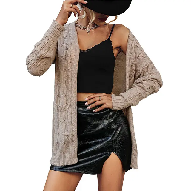 Twist Long Sleeve Solid Color Sweater Cardigan Jacket Khaki - Shop at LoveMi