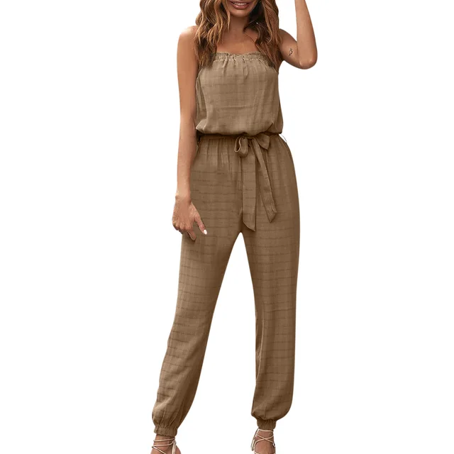 Women's Tie Belt Elastic Waistband Strapless Bodysuit Khaki - Shop at LoveMi