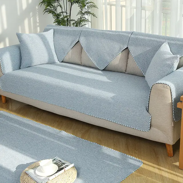 Solid Color Cotton And Linen Woven Sofa Non slip Mat Blue - Shop at LoveMi