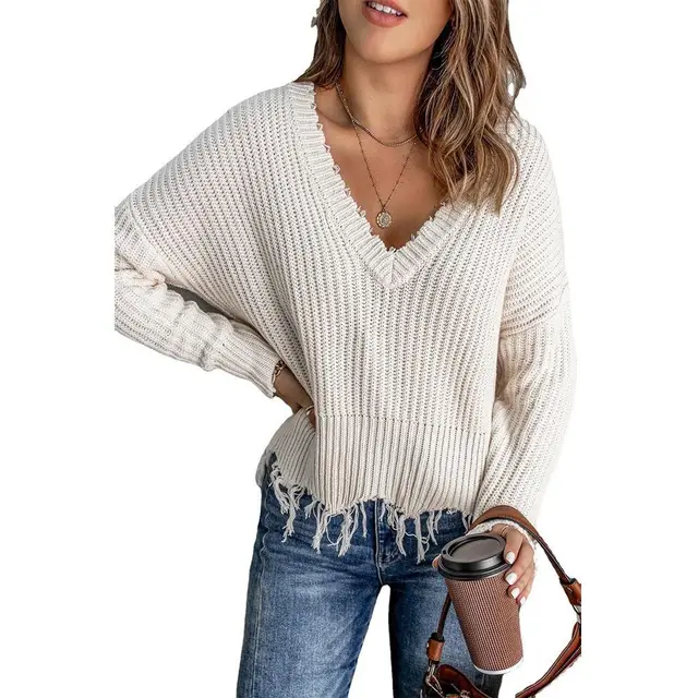 Fashion Women's New Cotton Tassel Ripped Sweater Knitted Apricot - Shop at LoveMi