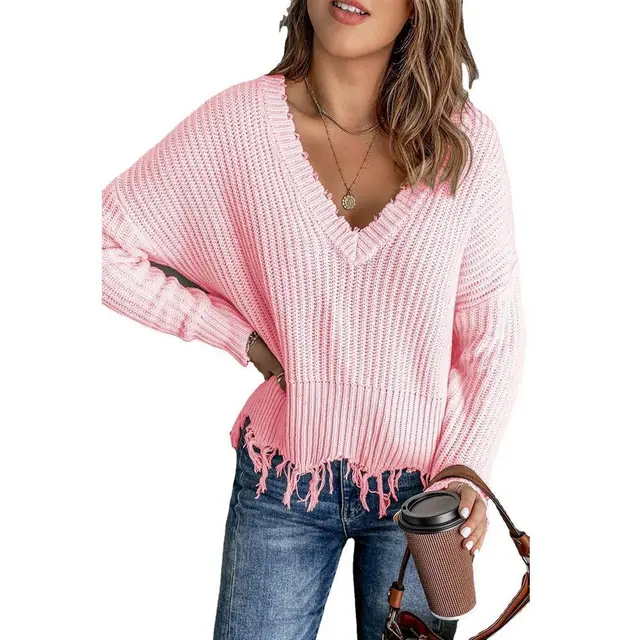 Fashion Women's New Cotton Tassel Ripped Sweater Knitted Pink - Shop at LoveMi
