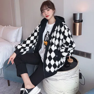 Women's Thickened Short Rhombus Hooded Lamb Wool Padded Jacket Black - Shop at LoveMi