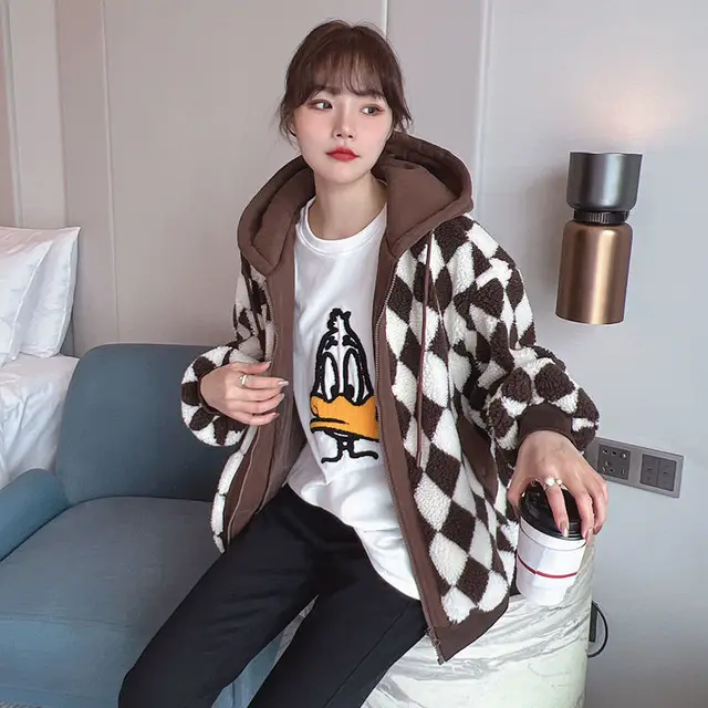Women's Thickened Short Rhombus Hooded Lamb Wool Padded Jacket - Coffee