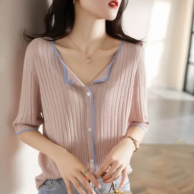 Loose V Neck Mid Sleeve Ice Silk Knit Cardigan Top Pink - Shop at LoveMi