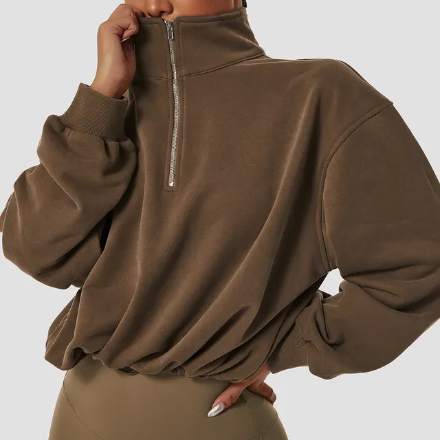 Women's Outdoor Running Drawstring Zipper Loose Long Sleeve Sweatshirt Brown - Shop at LoveMi