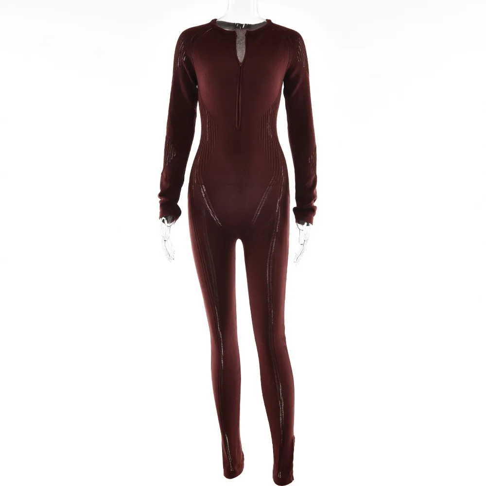 Fashion Versatile Striped Knit Long Sleeve Jumpsuit Women - Brown