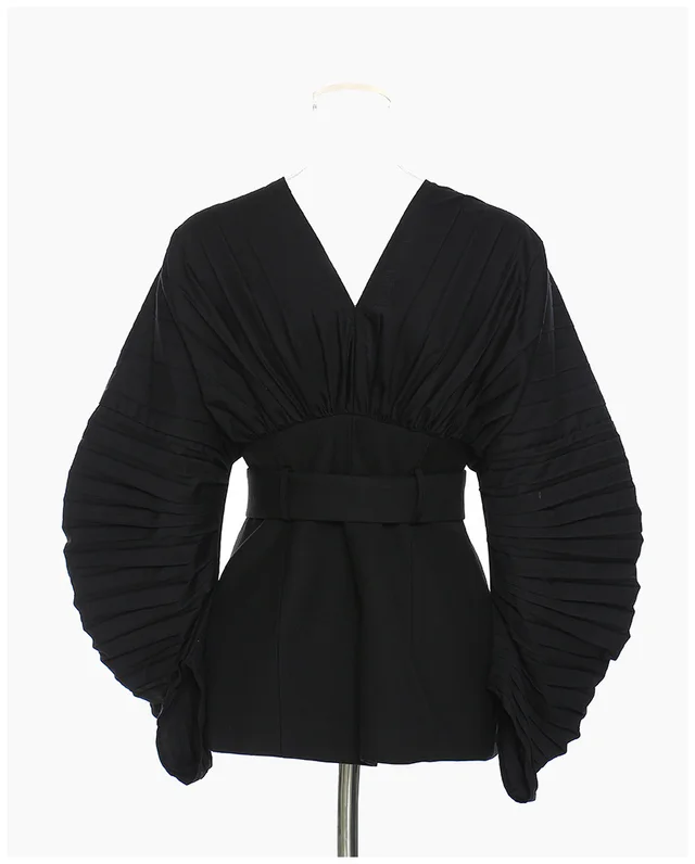 V neck Heavy Industry Pleated Sleeve Top Waist Coat Black - Shop at LoveMi