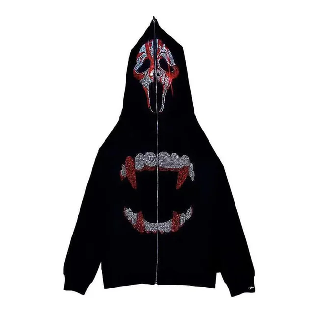 Street Skull Rhinestone Zip Hoodie Ladies Black1 - Shop at LoveMi