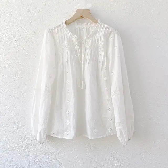 Women's French Long Sleeve White Cotton Embroidered Shirt White - Shop at LoveMi